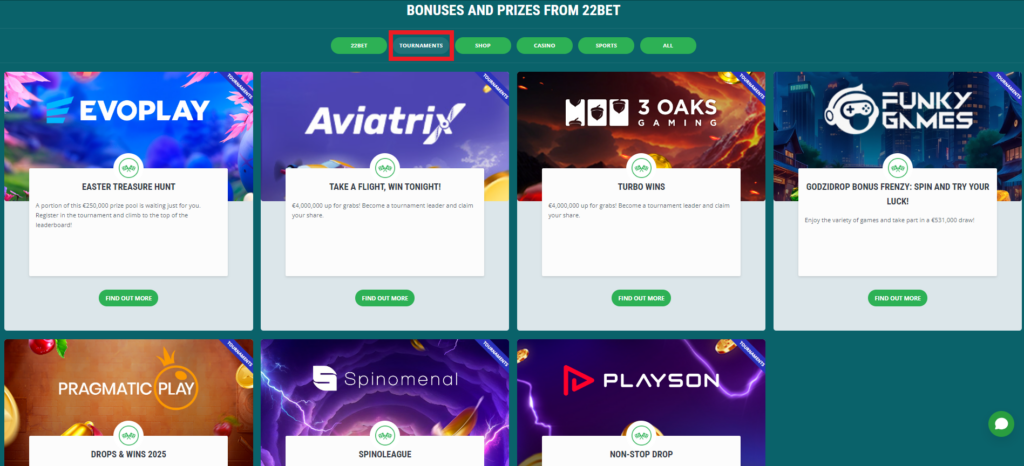 Other Bonuses at 22Bet Bookmaker Site